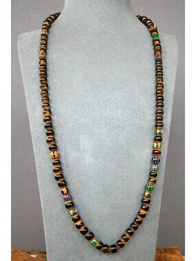 Venetian Trade Beads With Black Glass & Colorful Mosaic Patterns 26"